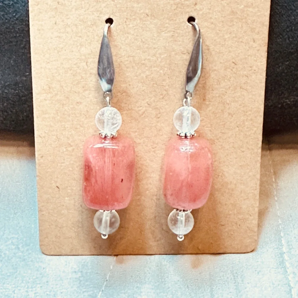 Stainless Steel Wide Hook Earrings Cherry Quartz & Clear Quartz Handmade - Picture 8 of 15